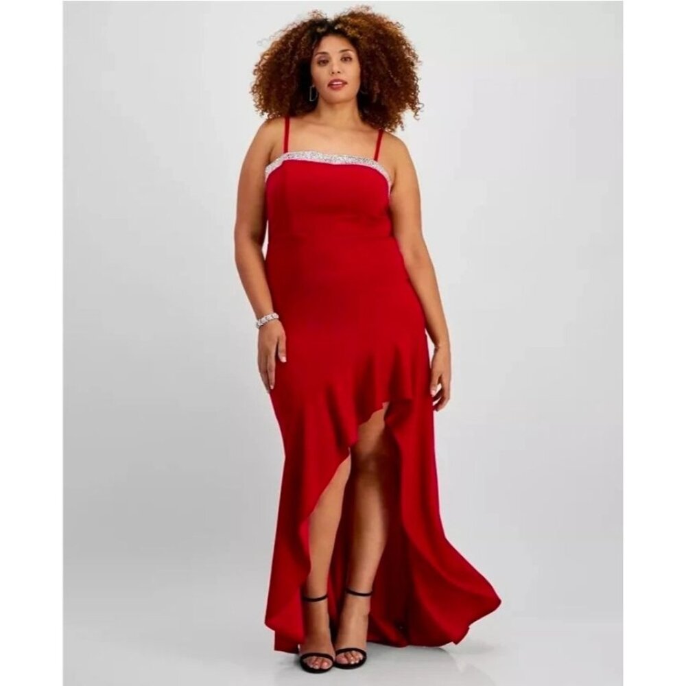 City Studio Red Formal Gown With Silver Embellished Neckline Spaghetti Straps